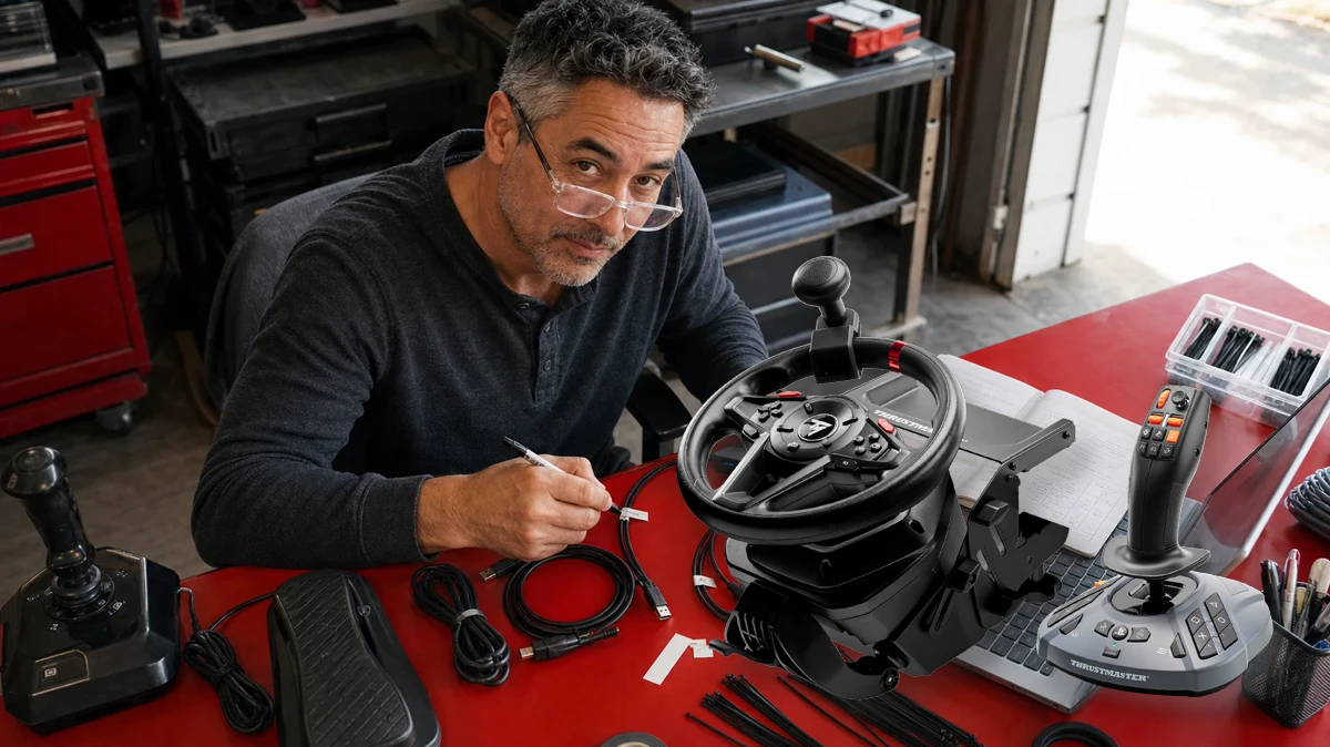 Duke Alvarez diagnosing a simulator control bench with a real Thrustmaster T128 SimTask Farming Pack integrated at full scale