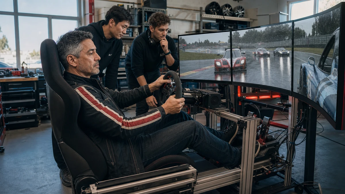 Duke Alvarez timing a driver change beside a complete endurance racing simulator with direct-drive controls, load-cell pedals, and an ultrawide display