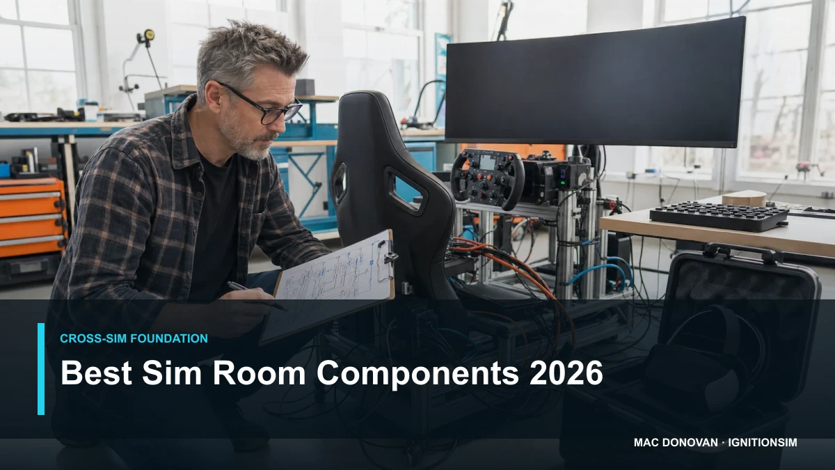 Mac Donovan commissioning a bright multi-simulator room with a super-ultrawide display, VR headset, macro controls, and a labeled USB power plan