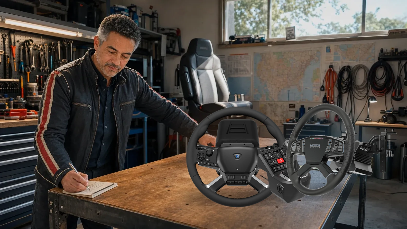 Duke Alvarez measuring a truck simulator workbench with real HORI Truck Control System and MOZA TSW R5 product images staged at full scale