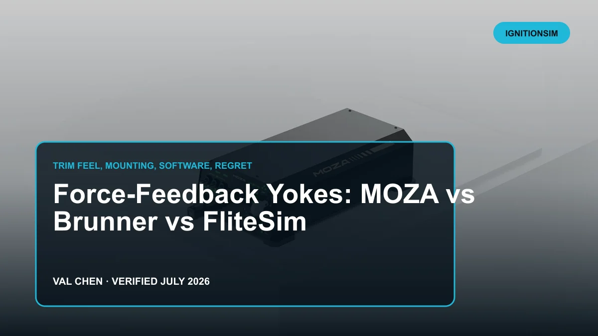 MOZA AY210 force-feedback yoke installed in a bright simulator cockpit for the MOZA, Brunner and FliteSim comparison